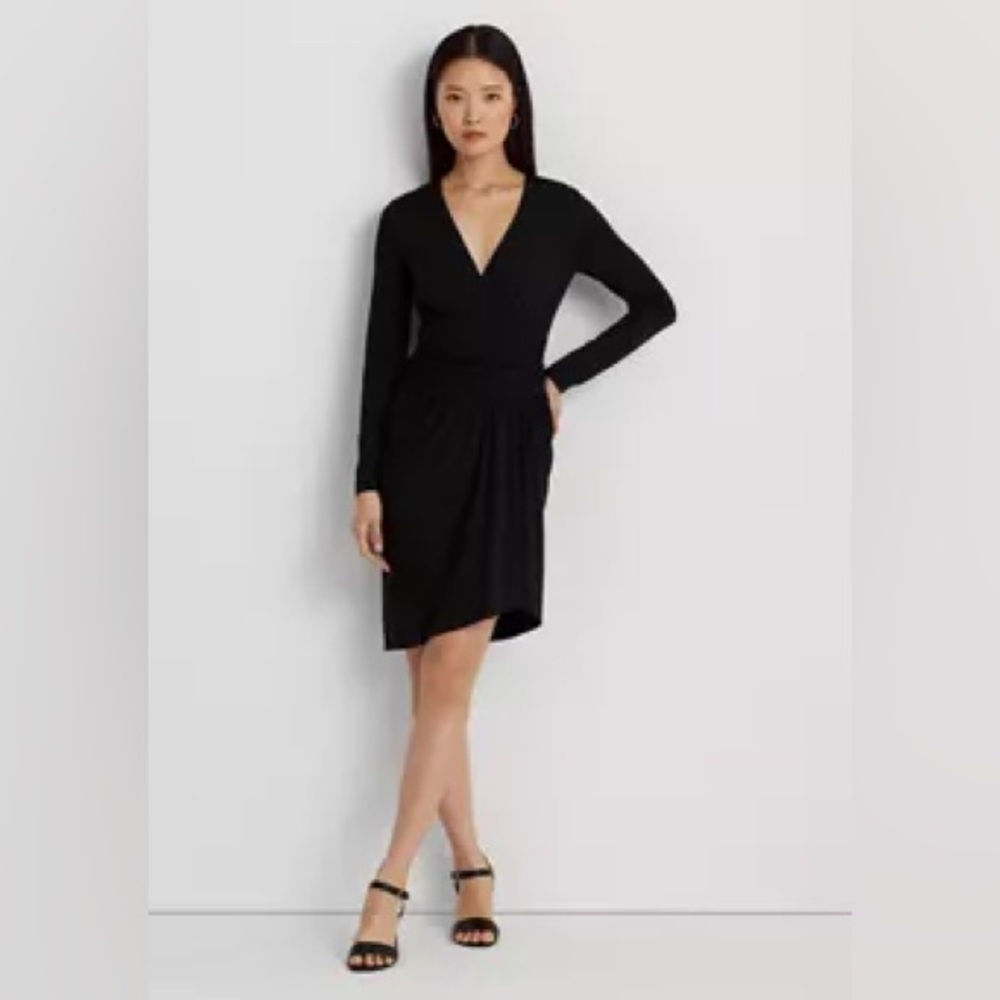 Lauren Ralph Lauren Black Ruched Stretch Jersey Surplice Long Sleeve Dress, 10